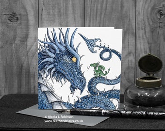 Dragons Card, Big Dragon and little dragon, Dragon Fathers Day Card, Dragon Birthday Card, Dragon Mother's Day Card, Dragon Notecard, Blue