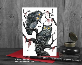 Owls Love Card, Gothic Anniversary Card, Gothic Owls, Alternative Valentine Card, I Love You, Two Owls, Pair of Owls, Wedding, Dark Romantic