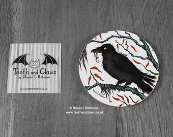 Crow Coaster, Hungry Crow, Gothic Crow, Raven Gift, Crow Home Decor, Crow Coffee Mat, Gothic Decor, Crow Lover, Witch Gift