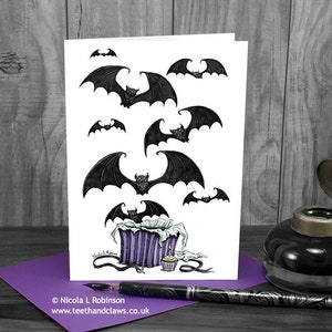 Bats Birthday Card, Halloween Birthday Card, Gothic Bats, Gothic Birthday Card, Teenager Card, Flying Vampire Bats, Goth Card, Black, Purple