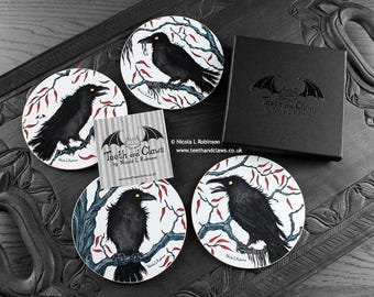 Gothic Crow Coasters Set of 4 | Murder of Crows | Raven Gift | UK Made