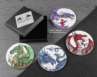 Dragon Coasters, Dragons Set of Coasters, Dragon Decor, Drink Coasters, Geek Gift, Fantasy Lover, Dragons, Housewarming Gift, Christmas