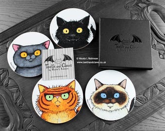 Cat Coasters Gift Set | Illustrated Cat Breeds | Set of 4 | Made in UK