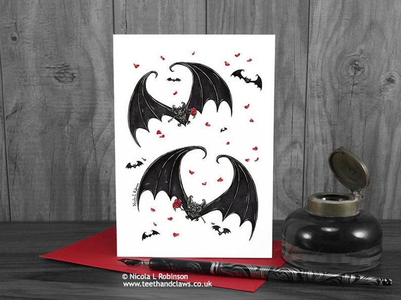 Bats Valentine Card, Gothic Valentine Card, Alternative Valentine Card, I Love You Card, Gothic Bats, Vampire Bat Card, Bat Greeting Card, image 1