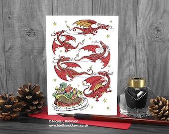 Red Dragon Sleigh Christmas Card, Dragon Christmas Card, Welsh Dragons Christmas Card, Festive Dragons, Santa Dragons, Xmas, Made in the UK