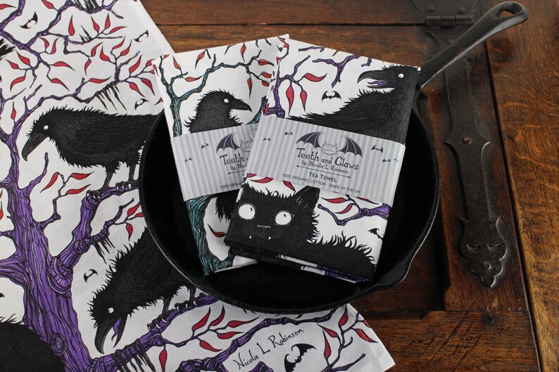 Black Cat and Ravens Tea Towel, Organic Cotton, Crows Gift, Gothic Tea