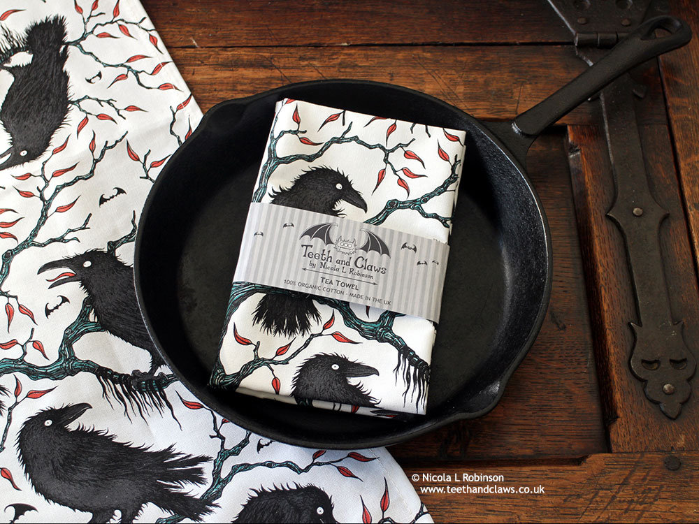 Crows Tea Towel, Organic Cotton Tea Towel, Ravens Tea Towel, Gothic Tea Towel, Screen Printed Tea Towel, Gothic Kitchen Gift, Made in the UK