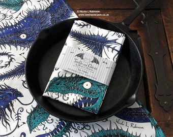 Sea Monster Tea Towel | Screen Printed Organic Cotton | UK Made