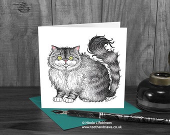 Cat Greeting Card, Grey Tabby Persian Cat, Monster Cat, Cat Notecard, Cat Birthday, Cat greeting Card, Big fluffy cat card, Cat illustration