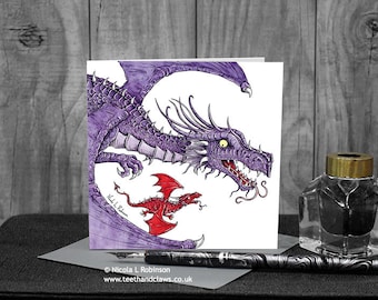 Flying Dragons Card, Dragon Mothers Day Card, Red Baby Dragon, Dragon Birthday Card, Dragon Mum Card, Dragon Notecard, Purple Dragons,