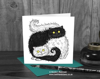 Cat Greeting Card, Two Persian Cats, Black and White Cats, Cat Anniversary, Yin and Yang Cats, Cat Notecard, Cat Birthday, Cat Love Card,