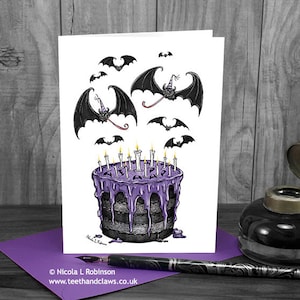 Gothic Birthday Card, Halloween Birthday Card, Gothic Bats, Gothic Birthday Cake, Teenager Card, Vampire Bats, Goth Card, Black, Purple