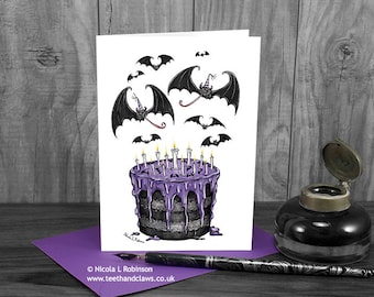 Gothic Birthday Card, Halloween Birthday Card, Gothic Bats, Gothic Birthday Cake, Teenager Card, Vampire Bats, Goth Card, Black, Purple