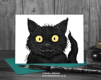 Black Cat Card, Cat Greeting Card, Black Cat, Gothic Birthday Card, Cat note card, Lucky Black Cat, Birthday Cat Card