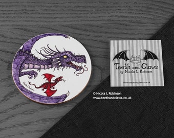 Purple Dragon Coaster, Flying Dragons, Mother Dragon Decor, Geek Gift, Fantasy, Dragons, Unique, Quirky, Coasters, Illustrated Dragons,