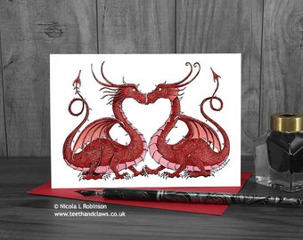 Dragon Wedding Card, Congratulations, Engagement Card, Red Welsh Dragons, Gothic, Celtic, Alternative, I Love You, Anniversary Card, Ruby