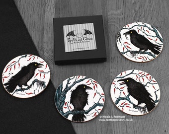 Crow Coasters, Set of Crow Coasters, Raven Coasters, Bird Coasters, Crow Gift, Corvid Lover Gift, Gothic Decor, Drink mats