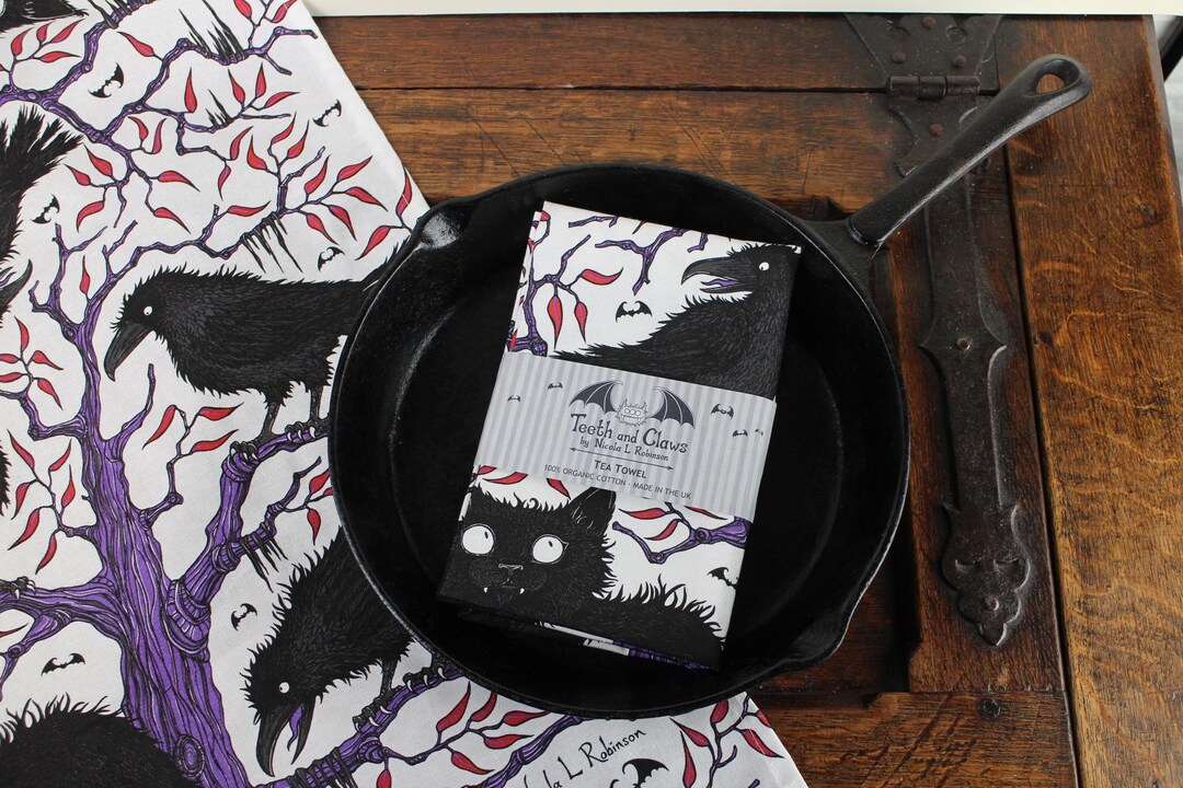 Black Cat and Ravens Tea Towel, Organic Cotton, Crows Gift, Gothic Tea