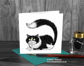 Black and White Cat Greeting Card- Tuxedo Cat- Made in the UK