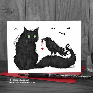 Gothic Anniversary Card, Black Cat and Crow Wedding Card, Engagement, Valentine, Alternative Card, I Love You Card, Ravens, Gothic Romance image 1