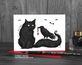 Black Cat and Crow Card | Gothic Anniversary Greeting Card | UK Made