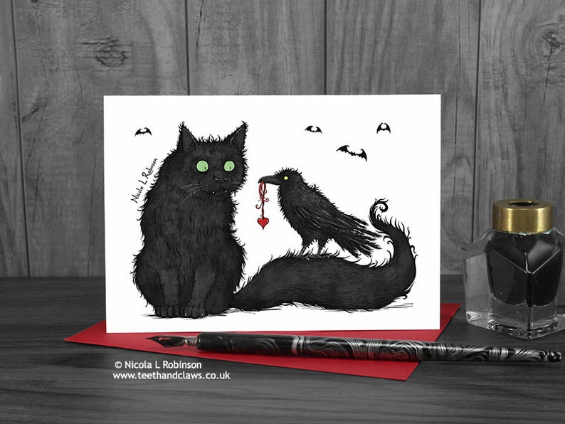 Gothic Anniversary Card, Black Cat and Crow Wedding Card, Engagement, Valentine, Alternative Card, I Love You Card, Ravens, Gothic Romance image 1