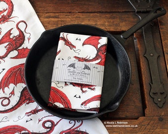 Red Welsh Dragon Tea Towel | Screen Printed Organic Cotton | UK Made