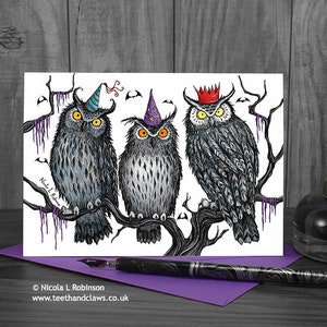 Gothic Owls Birthday Card, Owls Birthday Party, Halloween Birthday Card, Owl Birthday, Teenager Card, Owls, Goth Card, Black, Purple.