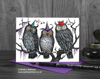 Gothic Owls Birthday Card, Owls Birthday Party, Halloween Birthday Card, Owl Birthday, Teenager Card, Owls, Goth Card, Black, Purple.