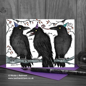May include: Three black ravens wearing party hats perched on a branch. The ravens are drawn in black ink with white highlights. The background is white.