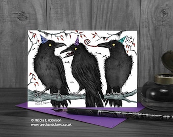 Gothic Crows Birthday Card | Crow Party Hat Card | UK Made