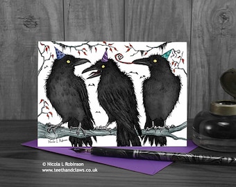 Gothic Birthday Card, Crows Birthday Party, Halloween Birthday Card, Crow Birthday, Teenager Card, Crows, Goth Card, Black, Purple