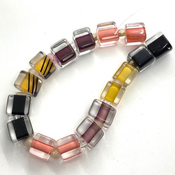 8 Pair (16 beads) Furnace Glass Cane Beads, Matched Pink, Purple, Amber and Black Earring  Cube Beads by Virginia Wilson Toccalino EAR7