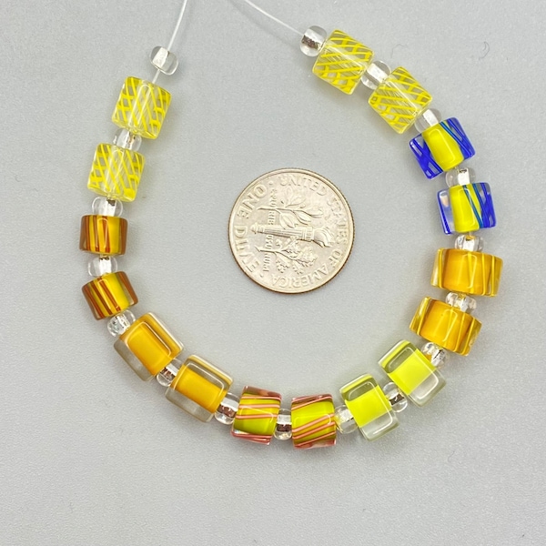 8 Pair (16 beads)  Furnace Glass Cane Beads, Matched Sets of "Shades of Yellow" Earring  Cube Beads by Virginia Wilson Toccalino EA23Yell