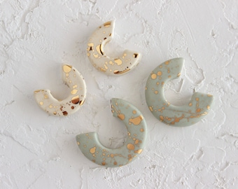 Ceramic Hoop Earrings, Gold Splatter Statement Earrings, Modern Jewelry under 50, Handmade Clay Earrings, Round Hoop Earrings