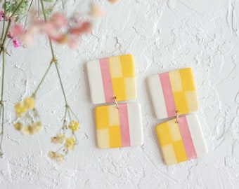 Yellow Checkered Statement Earrings, Lightweight Modern Ceramic Earrings, Yellow Dangle Earrings, Two Tone Jewelry, Geometric Clay Earrings