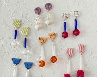 Vintage Lucite Beaded Dangle Earrings: Handmade Ceramic Earrings with Titanium Posts