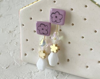 Flower Ear Jacket Earrings, Ceramic Floral Stud Earrings, Beaded Charm Earrings, Front Back Titanium Post Earrings, Funky Jewelry Gift