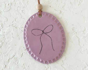 Bow Wall Decor, Purple Oval Wall Art, Preppy Room Decor, Ceramic Wall Hanging, Bow Nursery Decor, Little Girl Wall Decor, Bow Illustration