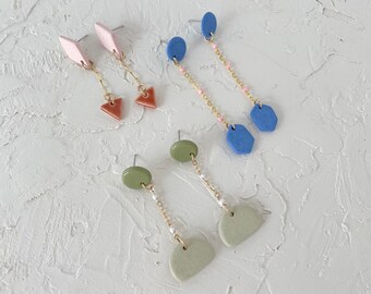 Geometric Dangle Chain Earrings, Gold Chain Drop Earrings, Lightweight Ceramic Statement Earrings, Handmade Clay Earrings, Geometric Jewelry