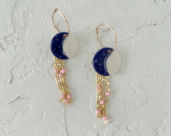 Moon Statement Hoop Earrings, Chain Tassel Earrings, Lightweight Modern Ceramic Earrings, Dangle Earrings, Celestial Clay Jewelry