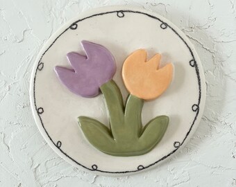 3D Flower Wall Art, Small Clay Wall Hanging, Illustrated Ceramic Wall Decor, Colorful Room Decor, Floral Nursery Art, Funky Ceramic Art