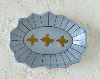 Decorative Oval Ceramic Plate, Small Trinket Dish, Periwinkle Blue Trinket Tray, Hand Drawn Ceramic Ring Dish, Handmade Clay Jewelry Dish