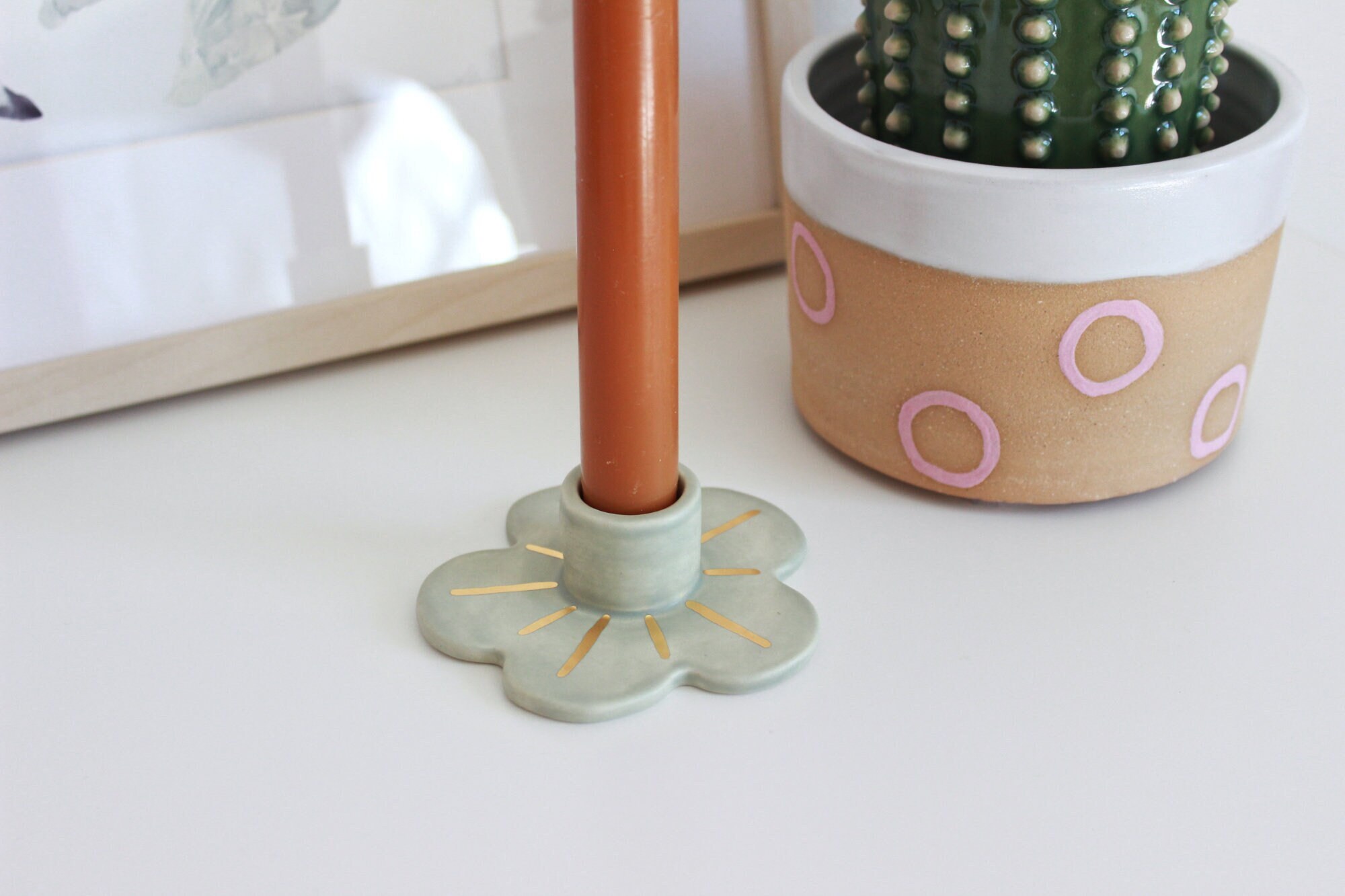Sage Green and Gold Flower Candle Holder Minimal Candlestick - Etsy