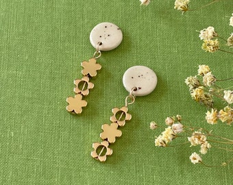 Gold Plated Flower Earrings, Small Beaded Charm Earrings, Handmade Ceramic Earrings, Titanium Post Earrings, Mother's Day Gift under 50