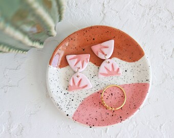 Arch Starburst Earrings, Small Lightweight Dangle Earrings, Two Tone Stamped Earrings, Ceramic Statement Earrings, Geometric Clay Earrings