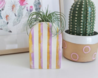 Tall Arch Bud Vase, Striped Ceramic Bud Vase, Funky Abstract Shelf Decor, Colorful Double Sided Flower Vase, Gold Handmade Air Plant Holder
