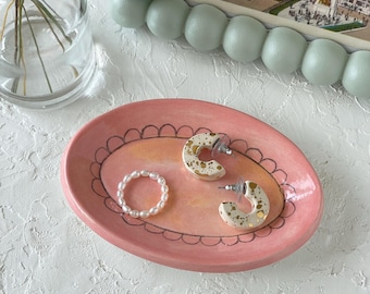 Abstract Decorative Plate, Small Ceramic Trinket Tray, Pink Oval Jewelry Holder, Illustrated Scallop Trinket Dish, Cute Nightstand Dish