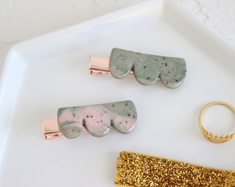 Green Marble Hair Clip Set, Valentine's Day Gift, Colorful Abstract Clay Barrette, Rose Gold Alligator Clip for Thin Hair, Ceramic Hair Pin