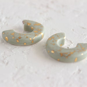 Ceramic Hoop Earrings, Gold Splatter Statement Earrings, Modern Jewelry under 50, Handmade Clay Earrings, Round Hoop Earrings Matte Sage